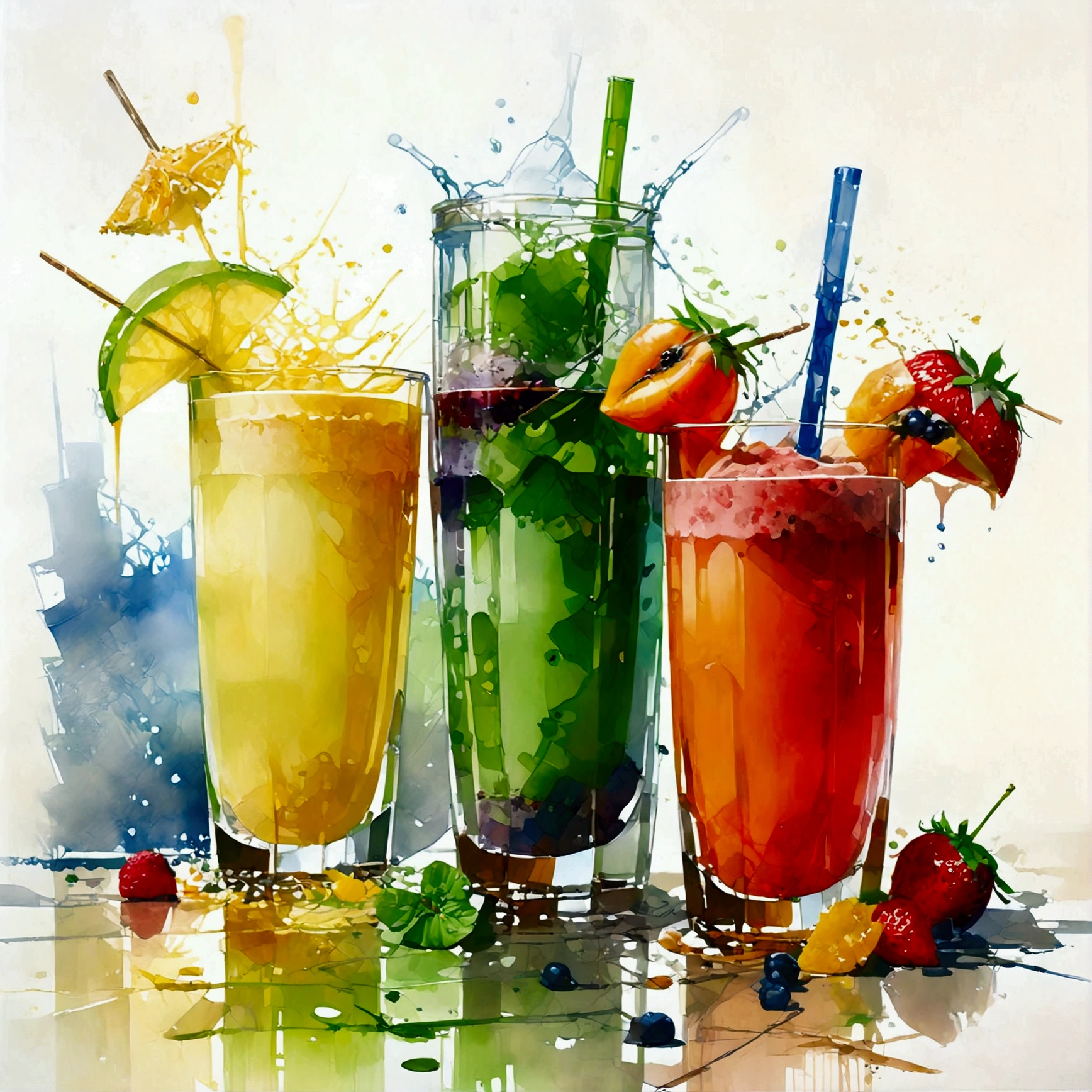 there are two types of colorful healthy drinks served in two glasses, the glasses sitting on a surface, juices, smoothie and infused water , illustration, isolated with solid white background, surrounded with negative space, centered composition, highest detailed painting, very precise line, Isolated, clear solid white background, perspective angle of view, ((watercolor:1.5)), (lora:add-detail-xl:1), (masterpiece), (best quality), no bread on the floor, washed out color, oil and watercolor painting