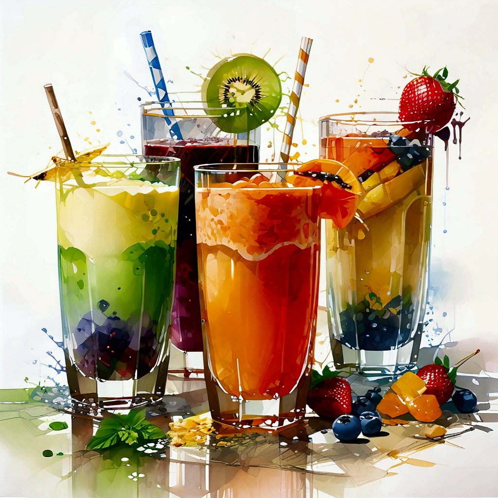 there are two types of colorful healthy drinks served in two glasses, the glasses sitting on a surface, juices, smoothie and infused water , illustration, isolated with solid white background, surrounded with negative space, centered composition, highest detailed painting, very precise line, Isolated, clear solid white background, perspective angle of view, ((watercolor:1.5)), (lora:add-detail-xl:1), (masterpiece), (best quality), no bread on the floor, washed out color, oil and watercolor painting
