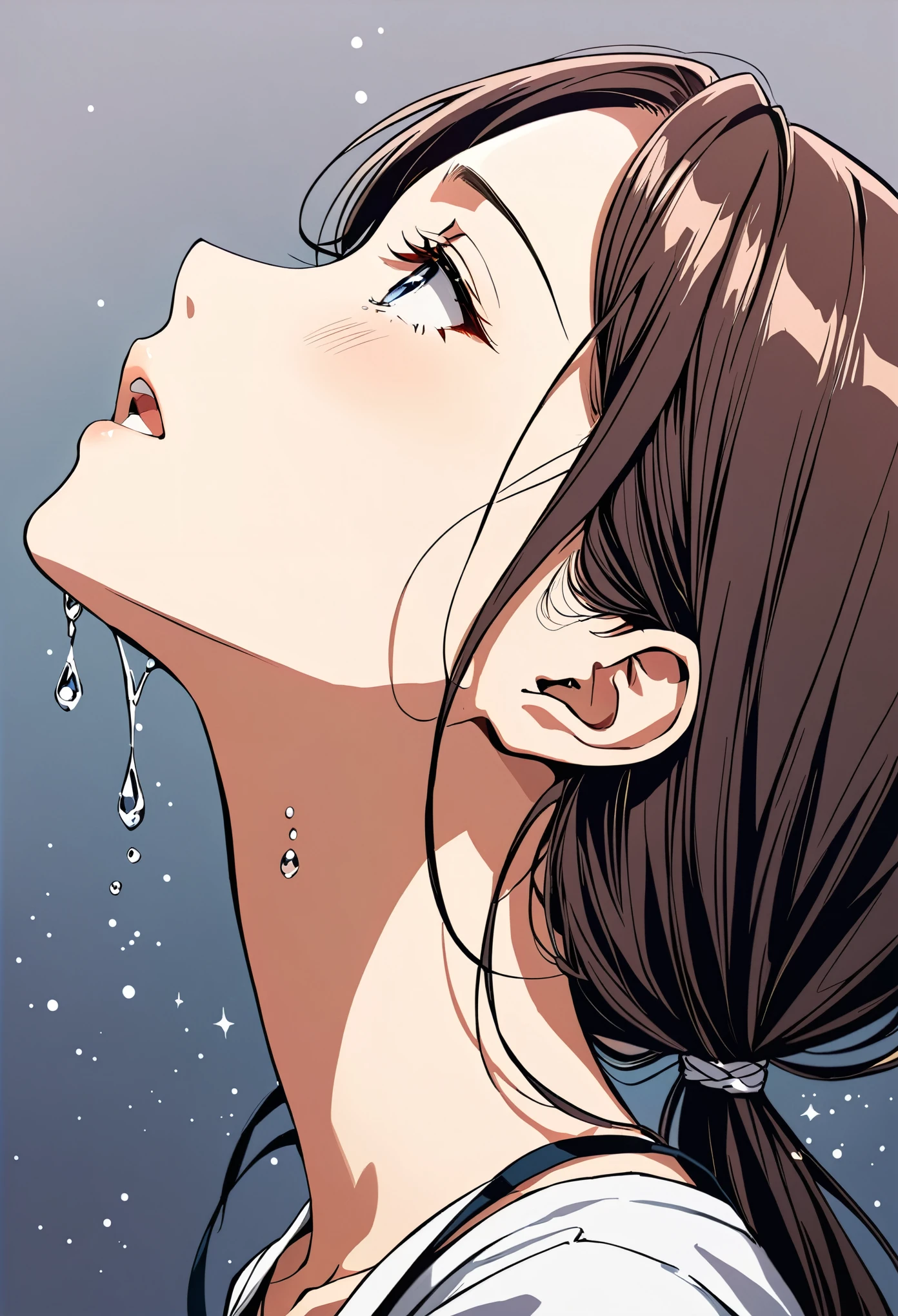 Anime style:1 girl looking up and crying,Profile,90 degree tilt of neck,Face up,Oblique composition