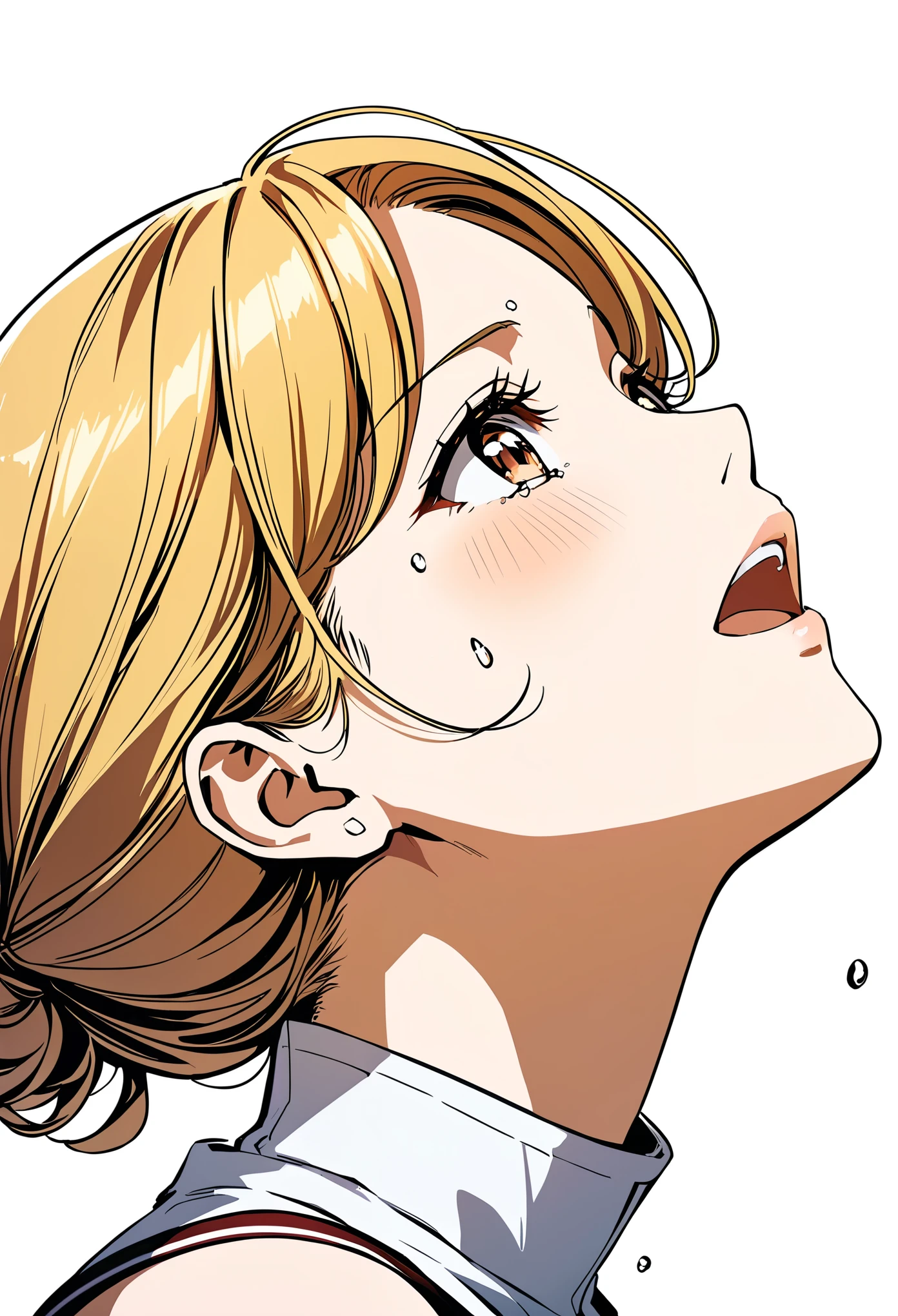 Anime style:1 girl looking up and crying,Profile,90 degree tilt of neck,Face up,Oblique composition