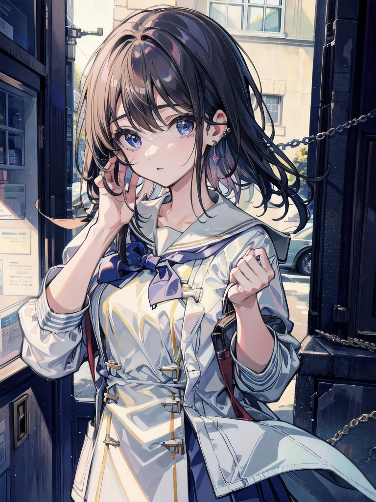 absurdres, RAW photo, extremely delicate and beautiful, masterpiece, Best Quality, ultra high resolution, 32k, hyperrealistic, ultra-detailed, perfect figure, in her 20s, very small head, very small face, delicate facial features, tearful mole, earring, very huge breasts, full body shot, medium hair, ((school_uniform)), duffle coat,