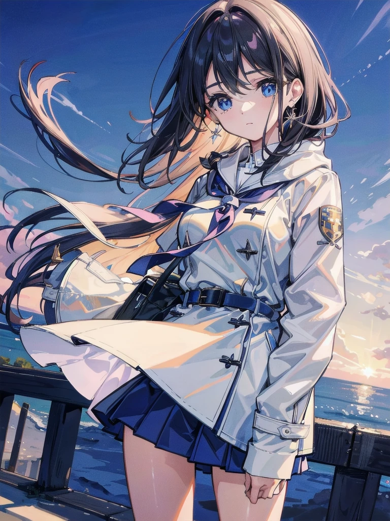 absurdres, RAW photo, extremely delicate and beautiful, masterpiece, Best Quality, ultra high resolution, 32k, hyperrealistic, ultra-detailed, perfect figure, in her 20s, very small head, very small face, delicate facial features, tearful mole, earring, very huge breasts, full body shot, medium hair, ((school_uniform)), duffle coat,