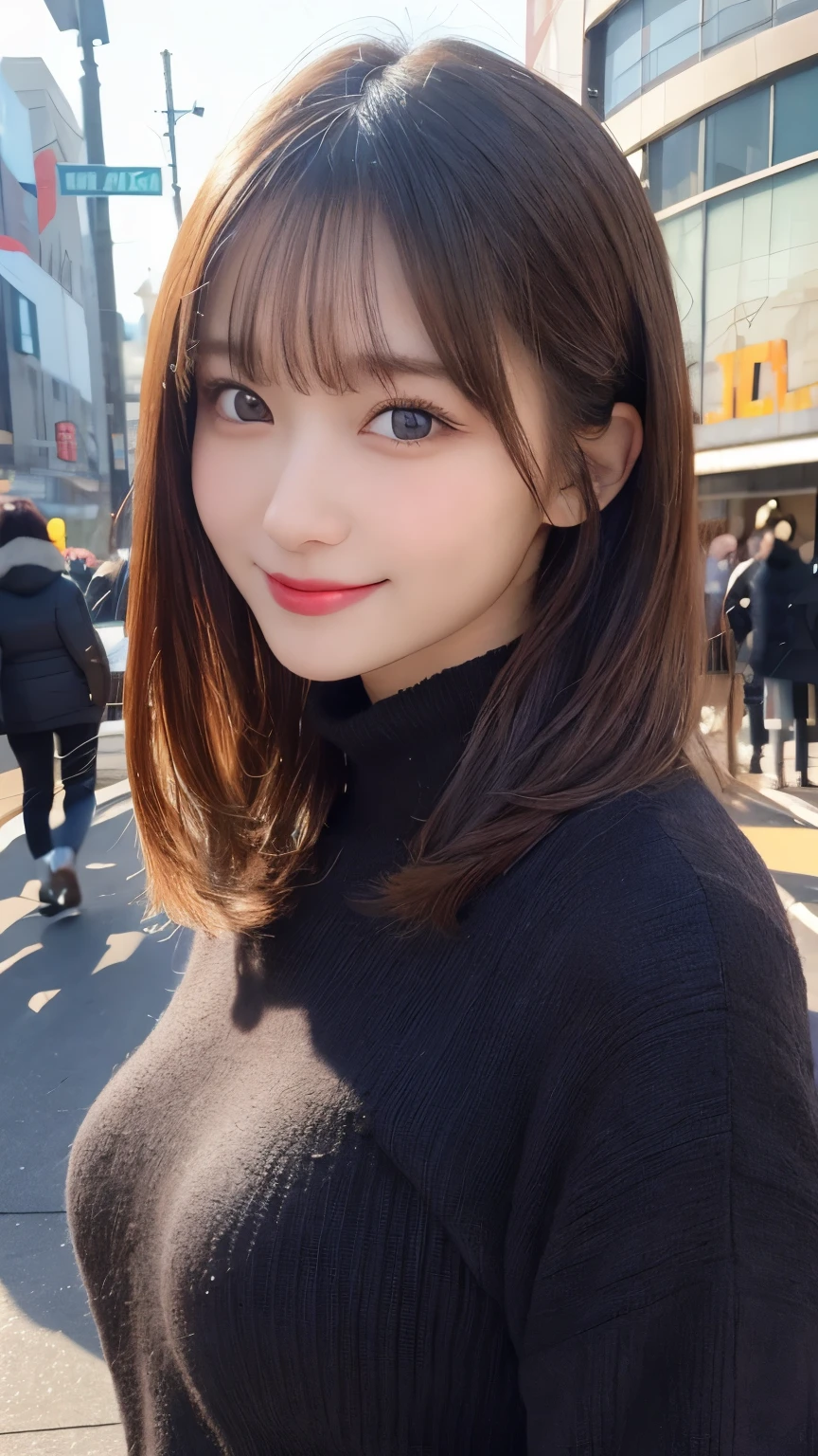 masutepiece, Best Quality, Illustration, Ultra-detailed, finely detail, hight resolution, 8K Wallpaper, Perfect dynamic composition, Beautiful detailed eyes, Cold winter clothes,Medium Hair,Small breasts natural color lip, Bold sexy poses,Smile,Harajuku、20 years girl、Cute、Sexy shot looking at camera