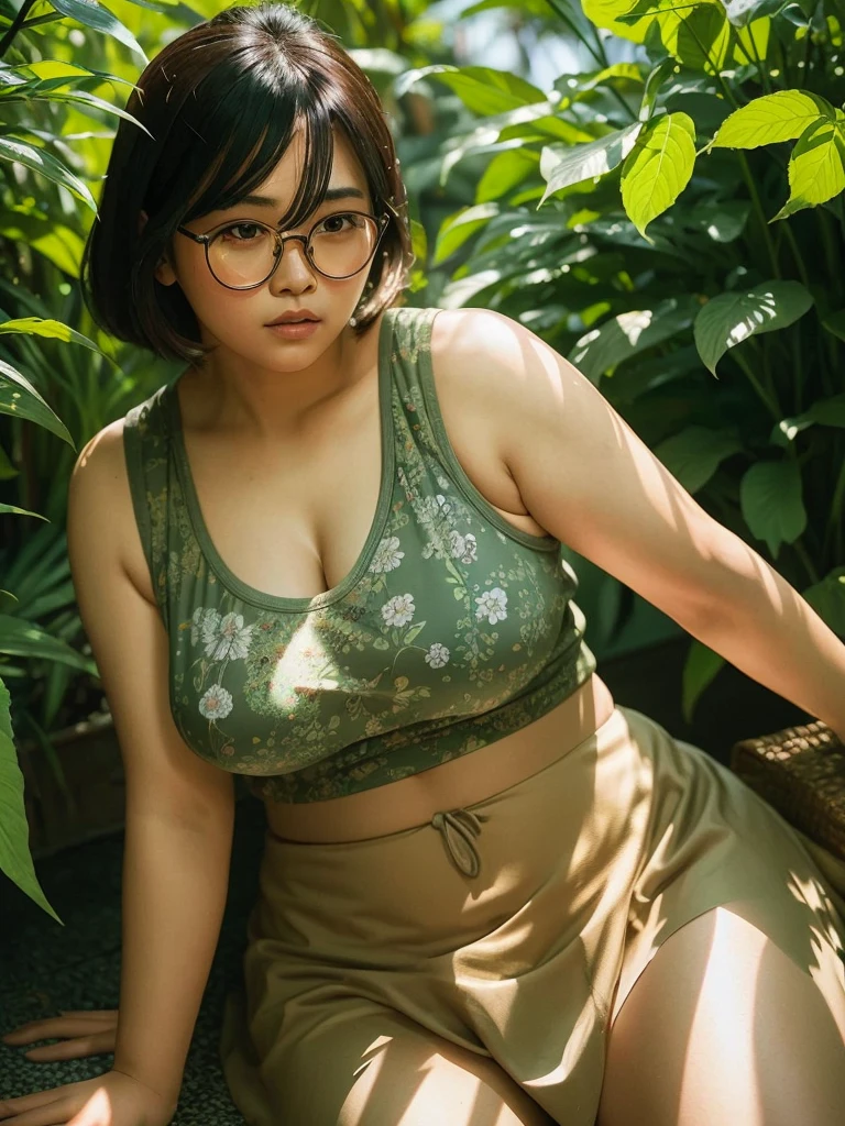 Detailed medium shot, Best quality, hight angle of a chubby pretty thailand women wearing floral tank top and skirt and enjoy a beautiful afternoon, modern glasses, beautiful shadow, dramatic posing between a weeds plant, kodachrome, cinematic lighting, masterpiece composition, realistic face and eyes, realistic skin, ultra highly detailed, sharp focus, beautiful film bokeh, surreal view, dramtic film looks, hunting candid photo, shot by zenit with 35mm wide lens, midjourney v6 realism, in 2024
