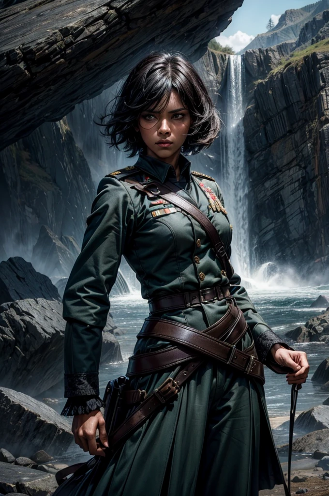 MariaCalavera, dark skin, black hair, short hair, silver eyes, military uniform, cowboy shot, (dynamic pose), standing in field in valley, BREAK mountains in background, waterfall, crowd, (crowd in military uniform), (volumetric lighting), intricate details, tonemapping, sharp focus, hyper detailed