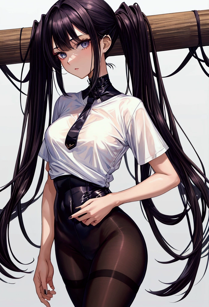 masterpiece, highly detailed, highest quality, high resolution, super precise, (1 girl), plain oversized Tee-shirt, plain sheer colored waist high pantyhose,, flawless skin, inky black dark violet hair, pixie cut hairstyle, sharp facial features, young 16 year old ager, sharp facial features, high bridged nose, medium height(178cm), cowboy shot, slender and slim body with ample curves, velvet colored eyes,