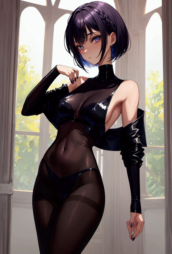 masterpiece, highly detailed, highest quality, high resolution, super precise, (1 girl), plain oversized Tee-shirt, plain sheer colored waist high pantyhose,, flawless skin, inky black dark violet hair, pixie cut hairstyle, sharp facial features, young teenager, sharp facial features, high bridged nose, medium height(178cm), cowboy shot, slender and slim body with ample curves, velvet colored eyes,