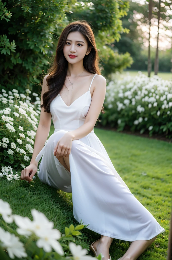 ，masterpiece, best quality，8K, ultra highres，Reallightandshadow，Cinema lenses，(beautidful eyes:1.1)， ((The scene is，The upper part of the body))，dynamicposes，On a green meadow，A gentle goddess came with a gentle step。She wore a white dress，A gentle breeze blows，The skirt dances lightly。The sun shines through the leaves on her hair，Reflecting her clear eyes and gentle smile。Colorful butterflies flew around her，Flowers bloomed at her feet，It was as if nature was cheering for her。