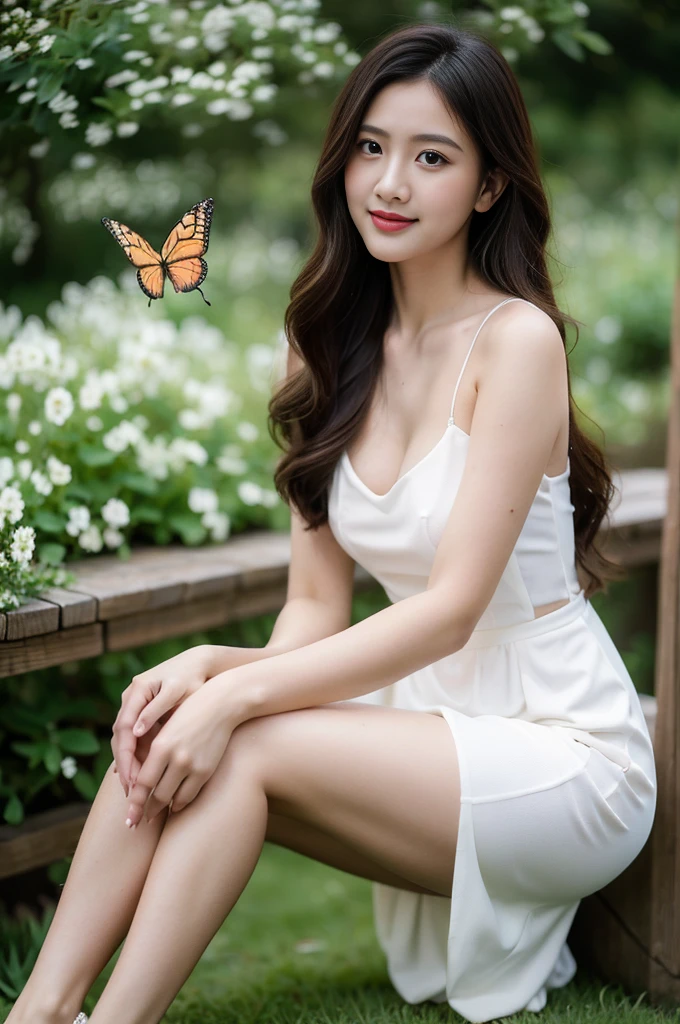 ，masterpiece, best quality，8K, ultra highres，Reallightandshadow，Cinema lenses，(beautidful eyes:1.1)， ((The scene is，The upper part of the body))，dynamicposes，On a green meadow，A gentle goddess came with a gentle step。She wore a white dress，A gentle breeze blows，The skirt dances lightly。The sun shines through the leaves on her hair，Reflecting her clear eyes and gentle smile。Colorful butterflies flew around her，Flowers bloomed at her feet，It was as if nature was cheering for her。