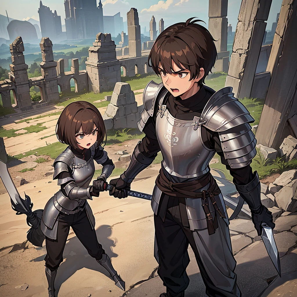 Best illustrations、Best Quality、(((Simple grey armor、Black trousers、Black gloves、Short Hair、Brown Hair、20 year old man)))、(((Grab the sword、Get Ready)))、(Old ruins、desert。Grass)、Fall to the floor、(Black, muddy swamp)、(仮面の中世の騎士が10 people)、(get annoyed、Open your mouth、Get angry)、(lots of medieval knights、10 people)、battlefield、(From above)、(White background)