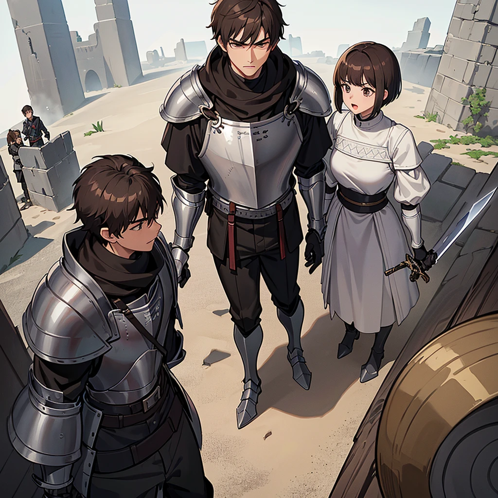 Best illustrations、Best Quality、(((Simple grey armor、Black trousers、Black gloves、Short Hair、Brown Hair、20 year old man)))、(((Grab the sword、Get Ready)))、(Old ruins、desert。Grass)、Fall to the floor、(Black, muddy swamp)、(仮面の中世の騎士が10 people)、(get annoyed、Open your mouth、Get angry)、(lots of medieval knights、10 people)、battlefield、(From above)、(White background)