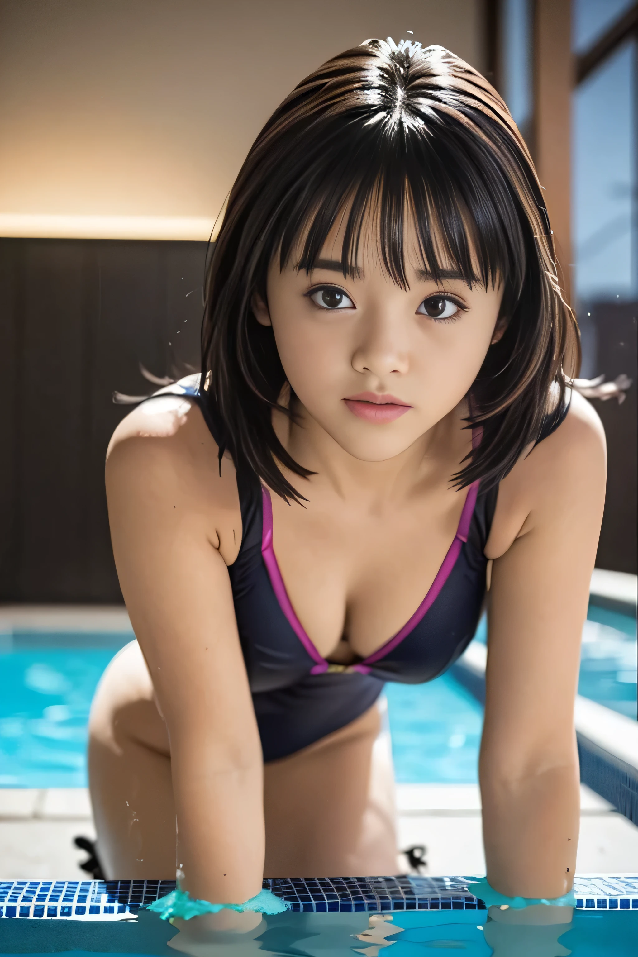 (Raw quality:1.4)、(((((Pitch Black Night、Dimly lit hotel pool)))))、Young and very cute17--old l、Sexy pose、Excited、Estrus、(((Unusually beautiful and large eyes)))、Thick eyelashes、Thick eyebrows、Balanced and toned body、、Full Body Shot、Center of chest、(((((The fine texture and wrinkles of colorful, thin competitive swimsuits)))))、the chest area is wide open、No makeup、No makeup、With bangs、Tight butt and waist,crawl on all fours on the floor、Spread your legs wide、Thumbs up OK sign,From the back