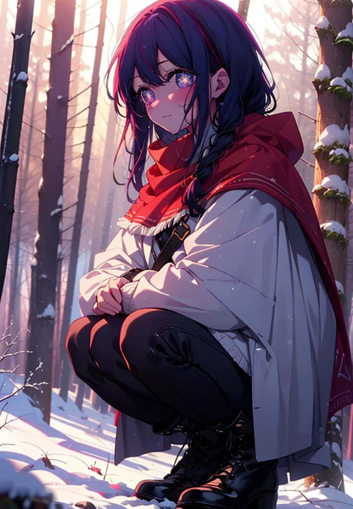 aihoshino, Ai Hoshino, Long Hair, bangs, (Purple eyes:1.1), Purple Hair, (Symbol-shaped pupil:1.5), smile,,smile,blush,White Breath,
Open your mouth,snow,Ground bonfire, Outdoor, boots, snowing, From the side, wood, suitcase, Cape, Blurred, , forest, White handbag, nature,  Squat, Mouth closed, Cape, winter, Written boundary depth, Black shoes, red Cape break looking at viewer, Upper Body, whole body, break Outdoor, forest, nature, break (masterpiece:1.2), Highest quality, High resolution, unity 8k wallpaper, (shape:0.8), (Beautiful and beautiful eyes:1.6), Highly detailed face, Perfect lighting, Highly detailed CG, (Perfect hands, Perfect Anatomy),
