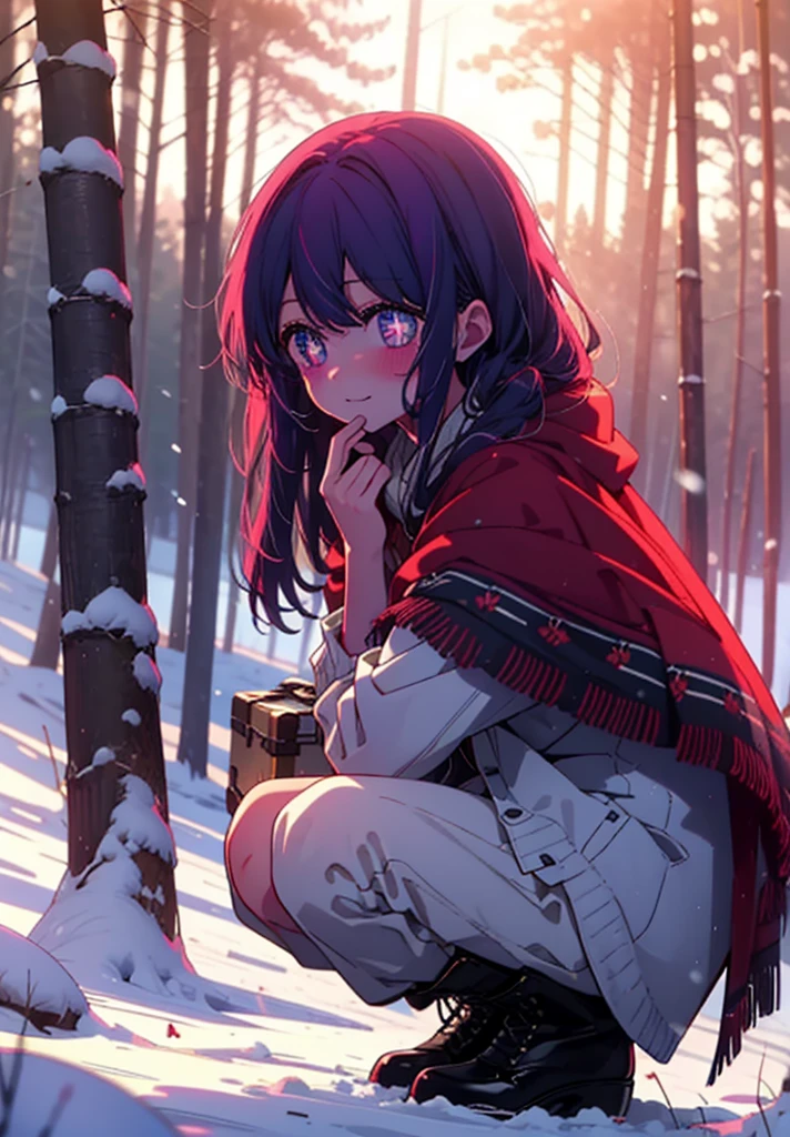 aihoshino, Ai Hoshino, Long Hair, bangs, (Purple eyes:1.1), Purple Hair, (Symbol-shaped pupil:1.5), smile,,smile,blush,White Breath,
Open your mouth,snow,Ground bonfire, Outdoor, boots, snowing, From the side, wood, suitcase, Cape, Blurred, , forest, White handbag, nature, Squat, Mouth closed, Cape, winter, Written boundary depth, Black shoes, red Cape break looking at viewer, Upper Body, whole body, break Outdoor, forest, nature, break (masterpiece:1.2), Highest quality, High resolution, unity 8k wallpaper, (shape:0.8), (Beautiful and beautiful eyes:1.6), Highly detailed face, Perfect lighting, Highly detailed CG, (Perfect hands, Perfect Anatomy),
