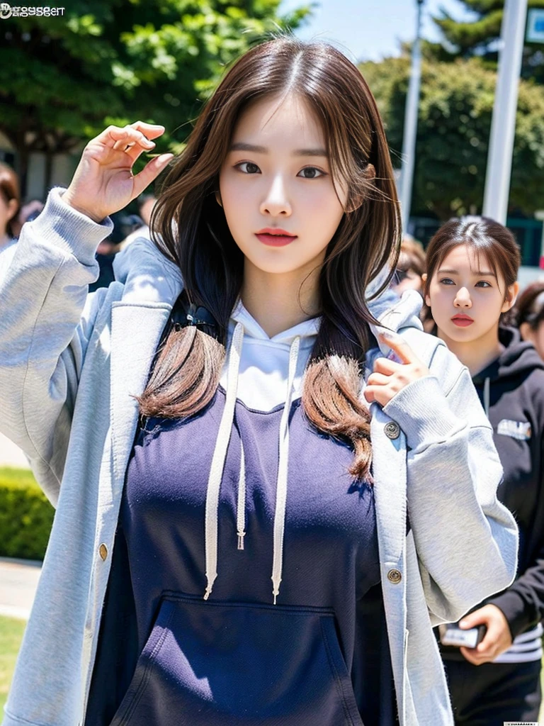 (A photo of a super cute Korean schoolgirl walking with some strong bodyguards:1.2)(laughing:1.1)(Beautiful Sweat:1.1)(16K, RAW Photos, Highest quality, masterpiece: 1.2),(A cute hairstyle with shiny brown hair) Super detailed, Super Resolution, (Genuine, Genuine photos: 1.37), Portraiture, High-resolution RAW color photos, Professional photos, Very detailed, 8k wallpaper, Very detailed CG Unity 8k wallpaper, Very detailed beautiful girls, Very detailed faces, ((whole body)), beautiful woman, Huge breasts,(huge boobs:1.1) (Big Boobs:1.1), beautiful (Wearing a large hoodie:1.2),high school girl, Korean Girls,(K-POP Female Idols), (Idol-class beauty)(Beautiful high school girl:1.1)(A rough school)(17 years old)(Large hoodie:1.1)