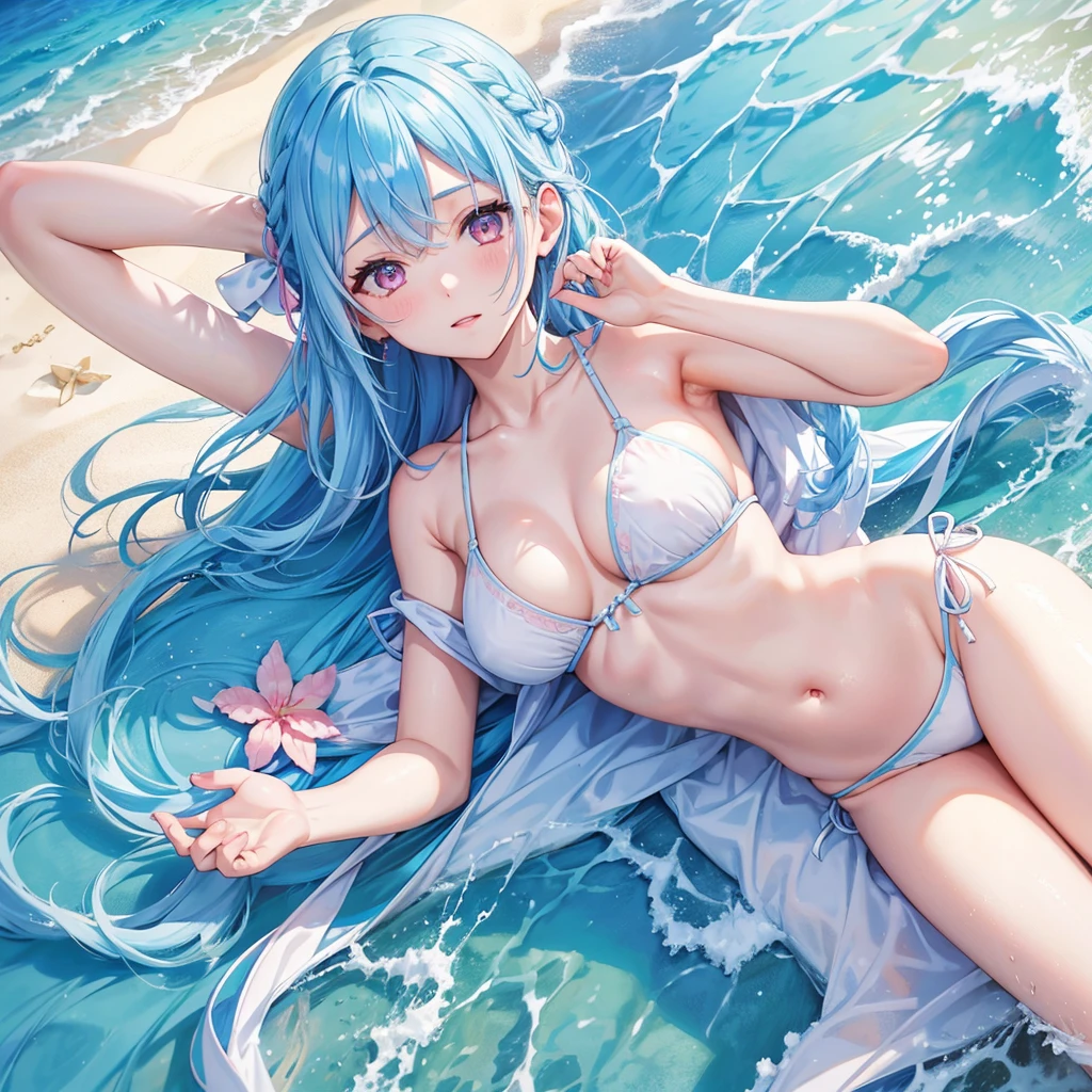 (Sky blue hair),(Braided hair tied together)、Pink eyes、Fair skin、(whole body)、(One Girl)、bikini、Shining white sand beach in midsummer、Okinawa&#39;s ocean、A happy smile、、(masterpiece、Highest quality、Very detailed、Best Shadow)、(Detailed Background)、(Beautifully detailed face)、High contrast、(Best lighting、Very delicate and beautiful)、((Cinematic Light))、colorful、Hyper Detail、Dramatic Light、Exquisite detail、Jumping and having fun