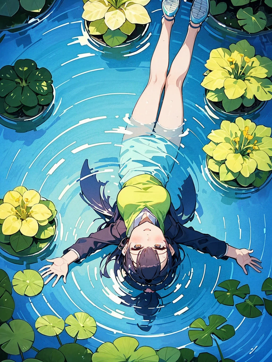 Woman walking on calm water, ((from above:1.5)), From above, Overlooking、Dancing Woman、Bottom Fish, Aquatic plants, Pool, Poolをを泳ぐ魚影