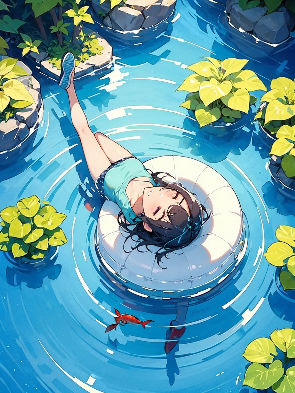 Woman walking on calm water, ((from above:1.5)), From above, Overlooking、Dancing Woman、Bottom Fish, Aquatic plants, Pool, Poolをを泳ぐ魚影