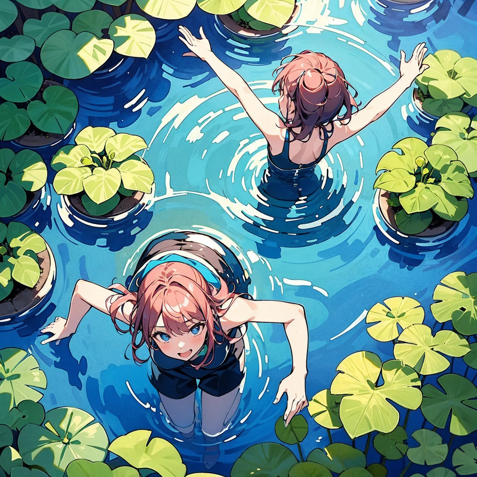Woman walking on calm water, ((from above:1.5)), From above, Overlooking、Dancing Woman、Bottom Fish, Aquatic plants, Pool, Poolをを泳ぐ魚影