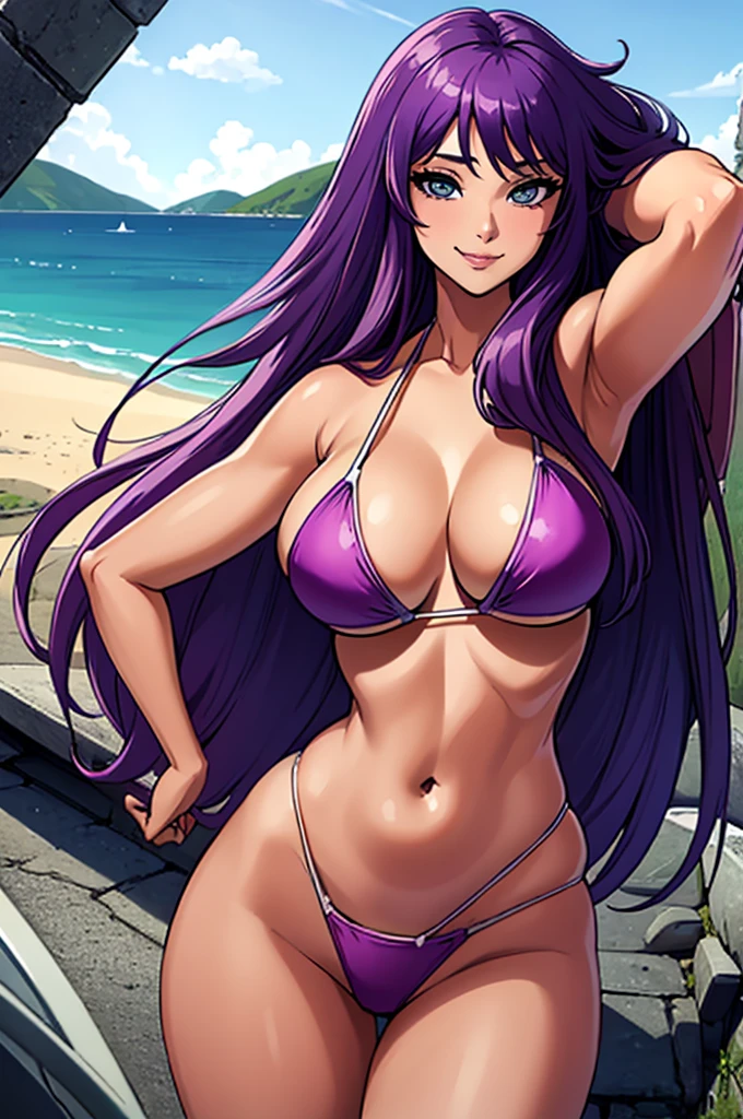 (best quality:1.3), Saori Kido, busty, smile, sexy, Curvy body, (ruins), ((sexy bikini)), (pov american plan)