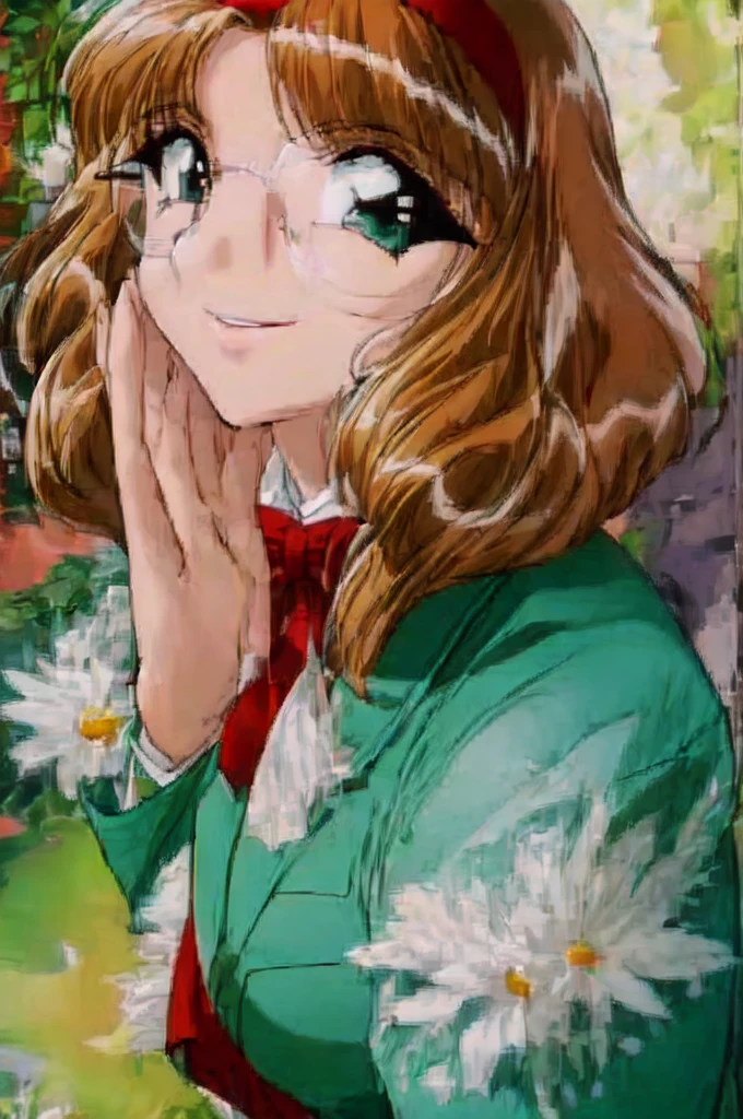 fuu hououji,1girl,short full body, standing, hair,light brown hair,Glasses,((red hairband)),green blazer,mini skirt,green high heels,smile,masterpiece,Noise Reduction,perfect anatomy,high resolution, ultra-detailed,game cg,dutch angle ,beautiful detailed eyes,visualart,five fingers, perfect hands, perfect lighting,Indoor, living room