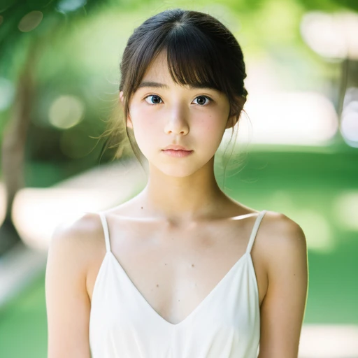 lens: 135mm f1.8,(Highest quality), (Beautiful 14 year old Japanese girl), (Moist lips), Narrow eyes, double eyelid,Delicate clavicle,Flat Chest,Shortcuts,
(Let me me'Let me'Let's take another look), (close:1.4), shame, A faint smile, Professional Lighting,
(White camisole), (Sunburned skin:0.2),Full body photo、Full Body Focus