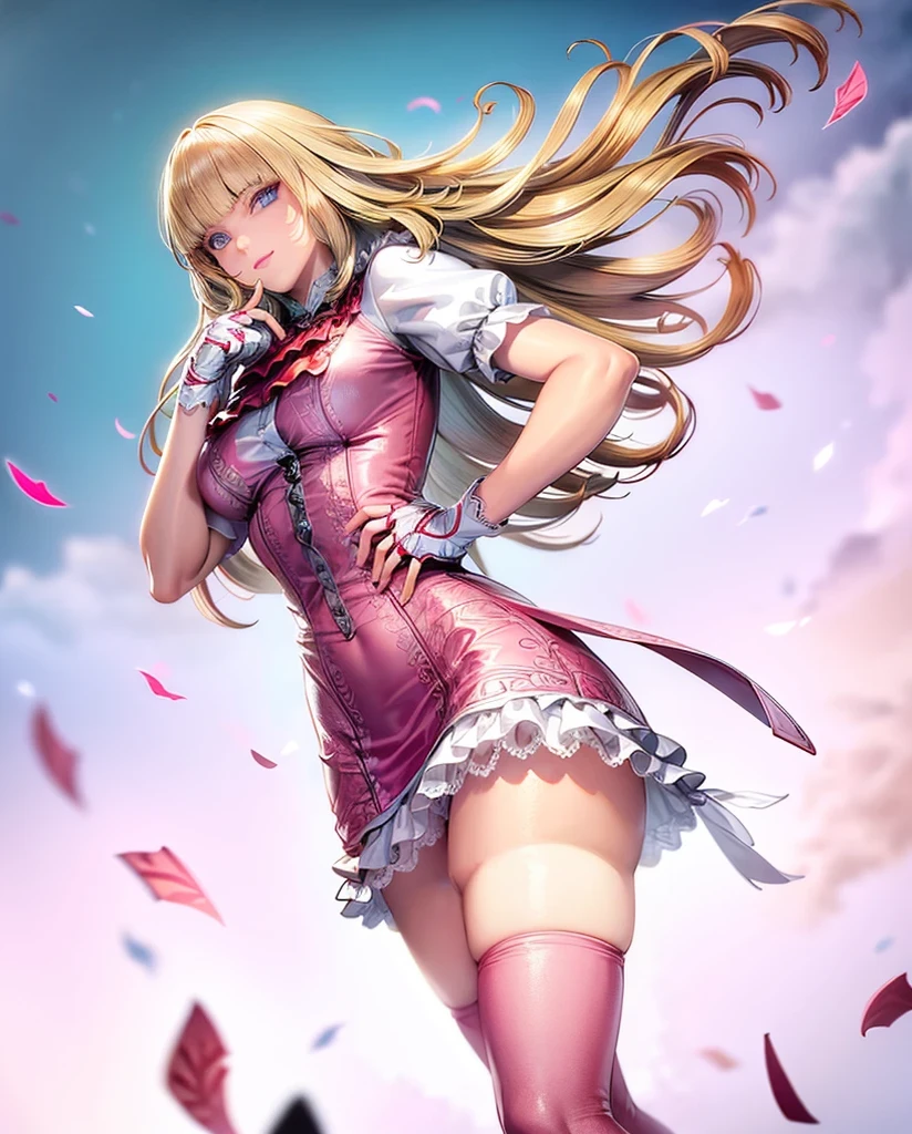 pink thighhighs, thighhighs, smile,