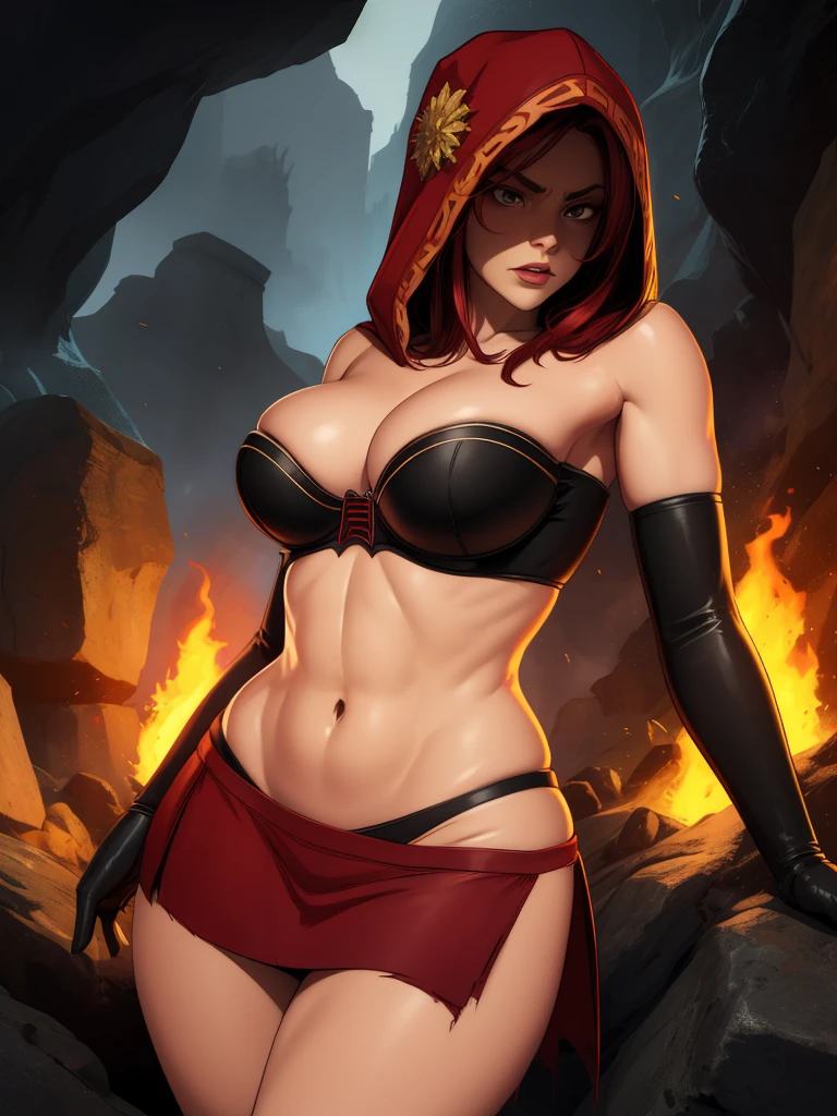 Dsorceress, redhair, shadowy face,dark cave, fire, hood, shadowed face, strapless bra, slim and athletic body, miniskirt, no panty, elbow gloves, dark skin, 1 girl (insanely detailed, masterpiece, best quality)