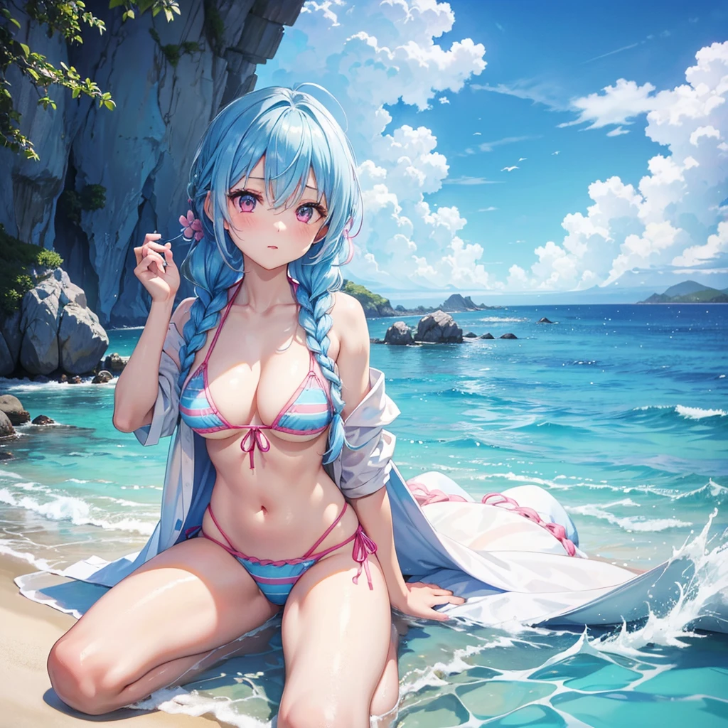 (Sky blue hair),(Braided hair tied together)、Pink eyes、Fair skin、(whole body)、(One Girl)、bikini、Shining white sand beach in midsummer、Okinawa's ocean、A happy smile、、(masterpiece、Highest quality、Very detailed、Best Shadow)、(Detailed Background)、(Beautifully detailed face)、High contrast、(Best lighting、Very delicate and beautiful)、((Cinematic Light))、colorful、Hyper Detail、Dramatic Light、Exquisite detail、Jumping and having fun