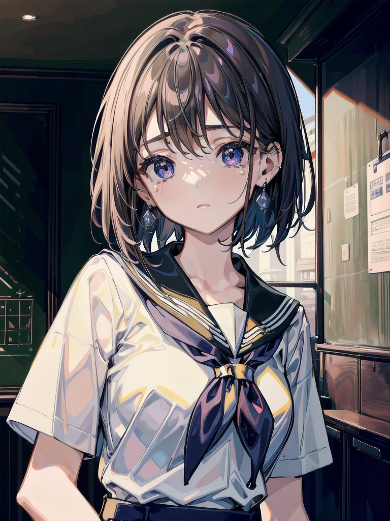 absurdres, RAW photo, extremely delicate and beautiful, masterpiece, Best Quality, ultra high resolution, 32k, hyperrealistic, ultra-detailed, perfect figure, in her 20s, very small head, very small face, delicate facial features, tearful mole, earring, very huge breasts, full body shot, medium hair, ((school_uniform)), 