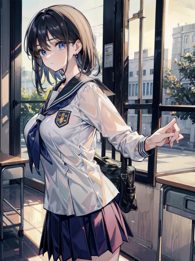 absurdres, RAW photo, extremely delicate and beautiful, masterpiece, Best Quality, ultra high resolution, 32k, hyperrealistic, ultra-detailed, perfect figure, in her 20s, very small head, very small face, delicate facial features, tearful mole, earring, very huge breasts, full body shot, medium hair, ((school_uniform)),