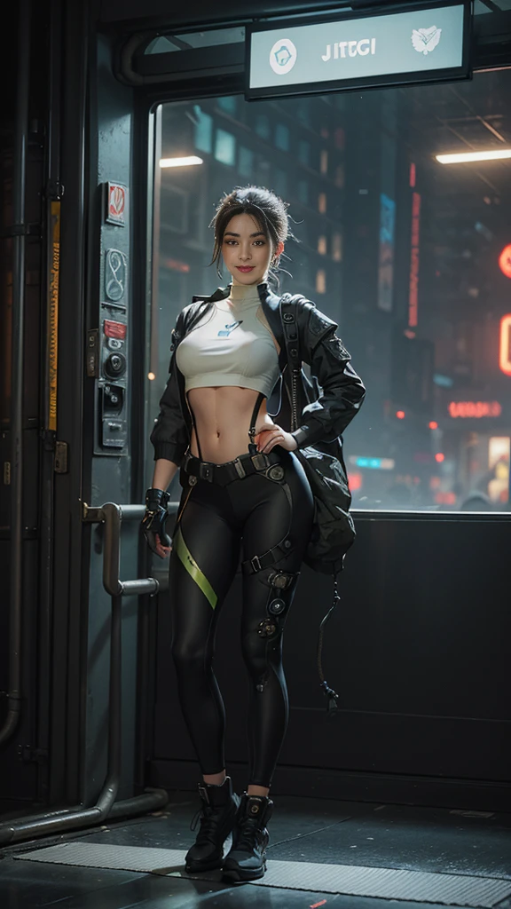 (Highest image quality, outstanding details, ultra-high resolution), 1 girl, wearing futuristic military outfit((inspired by cyberpunk jumper and yoga wear, military harness, military gears such as pouches)), (glamour body:1.2, buffed and muscular body), (a bit chubby:0.5), background military base, mild smile, dynamic pose, dramatic lighting, full body