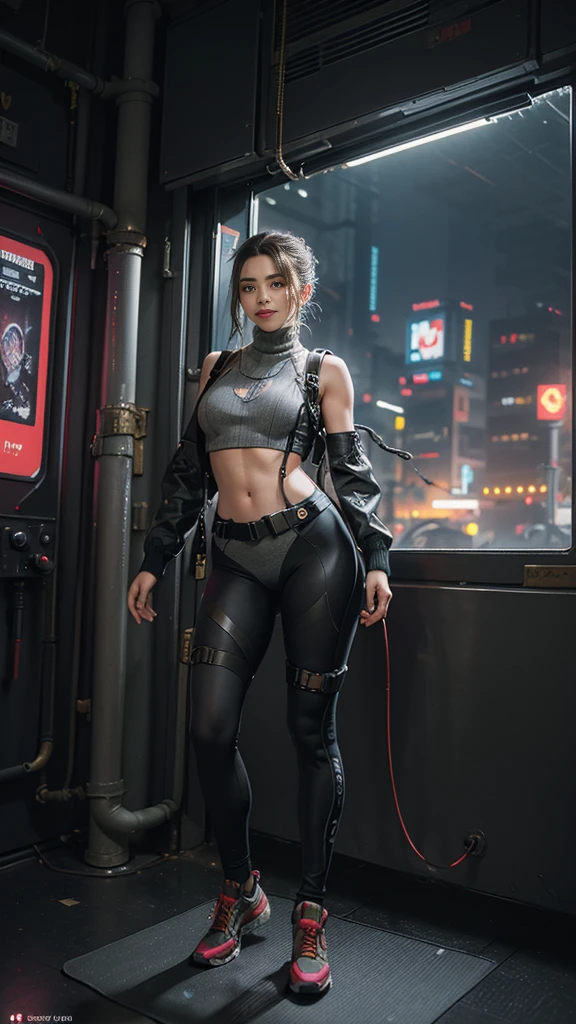 (Highest image quality, outstanding details, ultra-high resolution), 1 girl, wearing futuristic military outfit((inspired by cyberpunk jumper and yoga wear, military harness, military gears such as pouches)), (glamour body:1.2, buffed and muscular body), (a bit chubby:0.5), background military base, mild smile, dynamic pose, dramatic lighting, full body