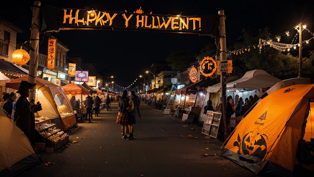 A night market full of tents selling Halloween trinkets, strange foods and spooky games, surrounded by orange decorative lights
