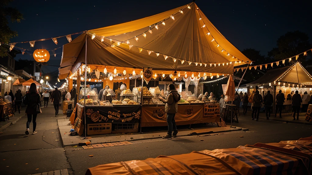 A night market full of tents selling Halloween trinkets, strange foods and spooky games, surrounded by orange decorative lights