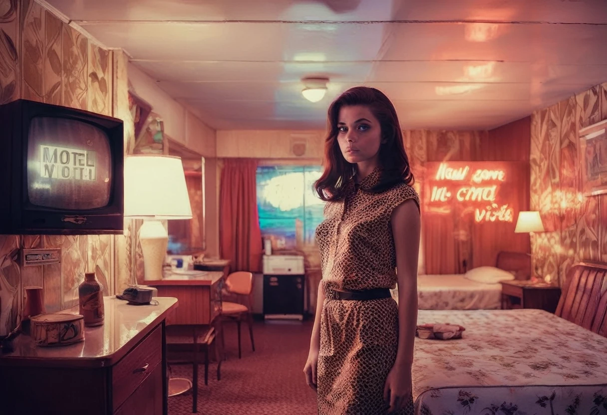 Photo of a young woman standing inside a motel room looking at the camera, from 1960s, 1960s interior with dim lighting, a window at her back, New York street at night and neon signs inside the window, night, realistic, cinematic