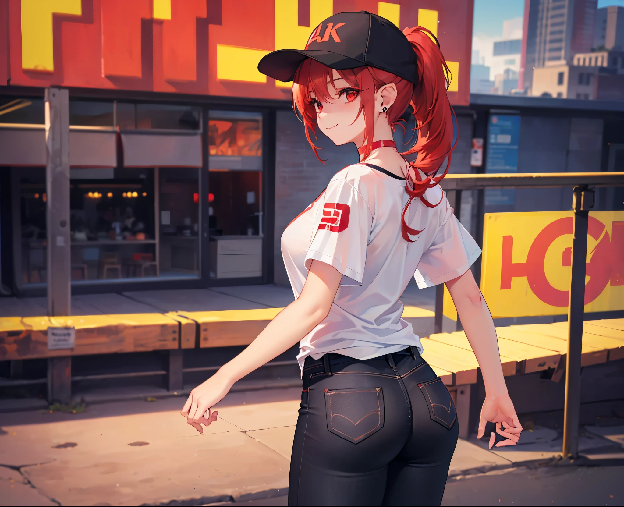 (Close-up:1.3),Realistic,Highest quality, Ultra Detail, High-quality CG rendering, The most delicate and beautiful, Floating softly, High resolution, (1 girl), (Highest quality,4K,8K,masterpiece:1.2),(All red hair:1.5), (ponytail:1.5),(Red eyes:1.5),(Slightly larger breasts:1.2), (Oversized black short sleeve t-shirt:1.3),(Black skinny jeans:1.3),(Black baseball cap:1.3),In the city,old buildings,(Turn your back to your audience:1.3),Butt,Are standing,smile,(Piercing in left ear:1.3),(Black choker:1.3)