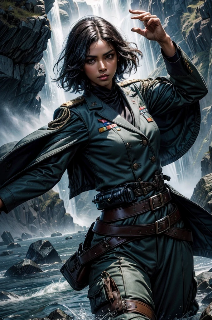 MariaCalavera, dark skin, black hair, short hair, silver eyes, military uniform, cowboy shot, (dynamic pose), standing in field in valley, BREAK mountains in background, waterfall, crowd, (crowd in military uniform), (volumetric lighting), intricate details, tonemapping, sharp focus, hyper detailed