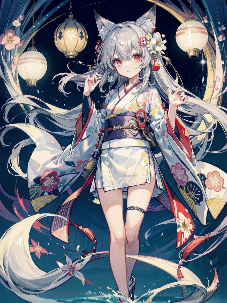 (masterpiece:1.2), highest quality,pixiv,  
1 girl, alone, long hair, moon, kimono, kimono, gray hair, looking at the viewer, animal ears, red eyes, long sleeve, bangs, full moon, wide sleeve, Flower pattern, hair ornaments, tassel, hair between eyes, flower, Are standing, parted lips, fox ears, Animal ear fluff, white kimono, hair flower, print kimono, very long hair, white flower, legs stick out from frame