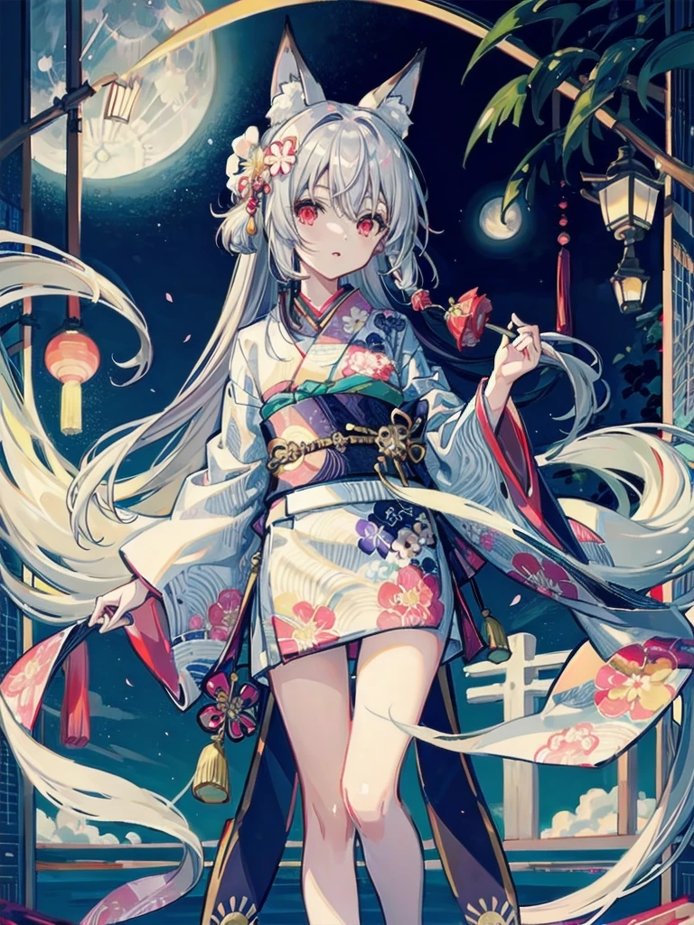 (masterpiece:1.2), highest quality,pixiv,  
1 girl, alone, long hair, moon, kimono, kimono, gray hair, looking at the viewer, animal ears, red eyes, long sleeve, bangs, full moon, wide sleeve, Flower pattern, hair ornaments, tassel, hair between eyes, flower, Are standing, parted lips, fox ears, Animal ear fluff, white kimono, hair flower, print kimono, very long hair, white flower, legs stick out from frame