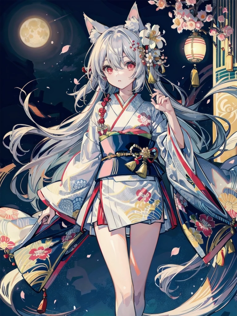 (masterpiece:1.2), highest quality,pixiv,
1 girl, alone, long hair, moon, kimono, kimono, gray hair, looking at the viewer, animal ears, red eyes, long sleeve, bangs, full moon, wide sleeve, Flower pattern, hair ornaments, tassel, hair between eyes, flower, Are standing, parted lips, fox ears, Animal ear fluff, white kimono, hair flower, print kimono, very long hair, white flower, legs stick out from frame