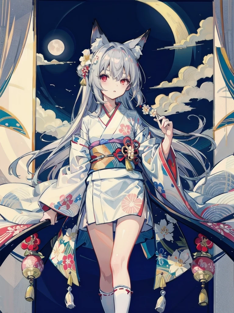 (masterpiece:1.2), highest quality,pixiv,
1 girl, alone, long hair, moon, kimono, kimono, gray hair, looking at the viewer, animal ears, red eyes, long sleeve, bangs, full moon, wide sleeve, Flower pattern, hair ornaments, tassel, hair between eyes, flower, Are standing, parted lips, fox ears, Animal ear fluff, white kimono, hair flower, print kimono, very long hair, white flower, legs stick out from frame