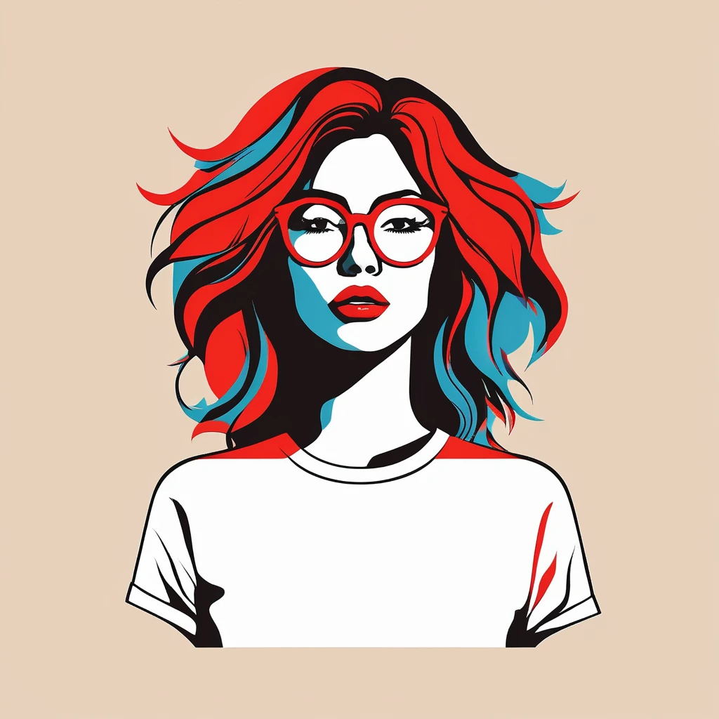 Minimalism art of T-shirt logo design of a lewd lady with long messy hair, Wearing glasses, tight skirt and pantyhose, Red nose, Half-closed eyes, Open your mouth, Front view, alone, colorful, sfw abstract, Simple geometric shapes, Hard Edge, Sleek contours, Minimalism