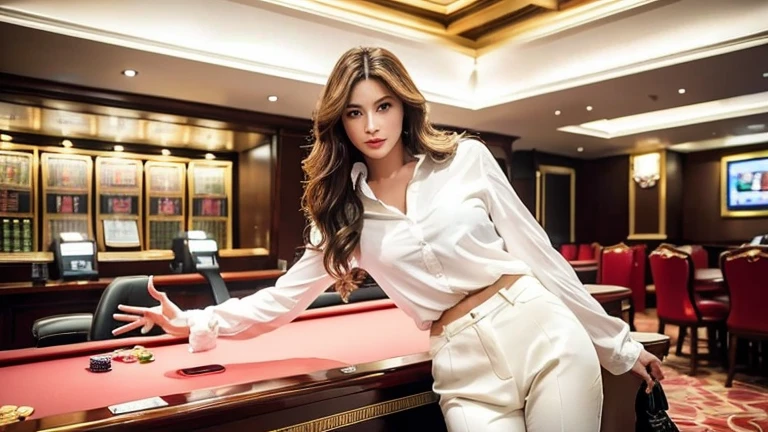 - [ ] realistic:1.37, Masterpiece, best quality, raw image, nonsense, UHD, 1 girl, Wavy hair, brown hair , look at viewer, In a large office casino in a high-rise office building in Nevada, ,Casino and slot machine environment,complicated details, Detailed background, Fine skin, hair follicles, height, HDR , Presentation to ten men , modelที่สวยงาม, Soft light on the face,JP_model , Medium bust, 30-year-old woman ,((white shirt,Pant set ))