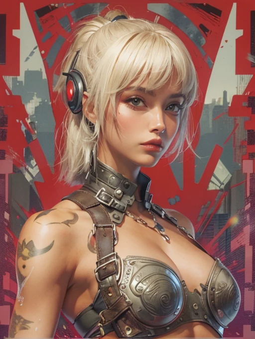 (((Woman))), (((best qualityer))), (((masterpiece))), (((grown-up))), (((2girl))), (((high ponytail))), Uma gladiadora cyberpunk Woman de 25 anos com corpo perfeito, Brooklyn Gladiators, (( bob haircut )), tiny leather panties, naked in Simon Bisley's wild urban style for the cover of Heavy Metal magazine, long blonde hair, no clothing, Metal protection on the left arm with intricate graphics, Dark red with white stars and pattern OF MILITARY CAMOUFLAGE, armour, cheio de espinhos, (((from the knee up))), short white blonde hair, in the background a wall painted by Shepard Fairey with an intricate design