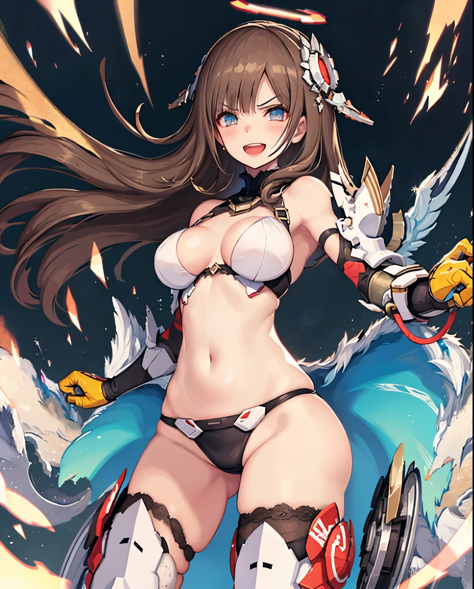 fantasy, 1angel_girl,(young_teen:1.5), ,brown_hair, medium_bob_hair, long_bangs, halo,bare_shoulder,thighhighs,silver_armor, waist_armor, large_breasts,angry,grinning,open_mouth_teeth, 1pair_wings, dynamic_pose_fighting,floating, bare_crotch, headgear,gauntlet, greaves,city_background,slightly_spread_legs, solo, groin_naked,