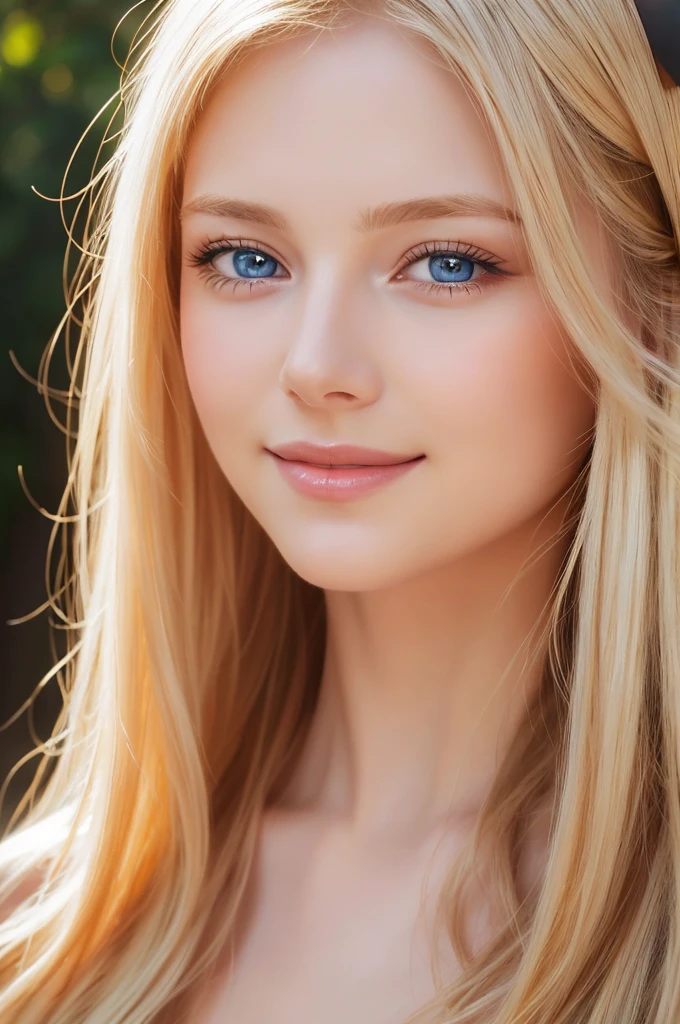 Soft portrait of a beautiful blonde woman, flowing golden hair, Captivating blue eyes, Delicate features, A radiant smile, Natural Makeup, Elegant attire, Gentle expression, A faint blush, Warm skin tones, Fantastic lighting, Soft Shadows, High resolution digital painting, Realistic Style, Artistic interpretation, By a skilled portrait painter.