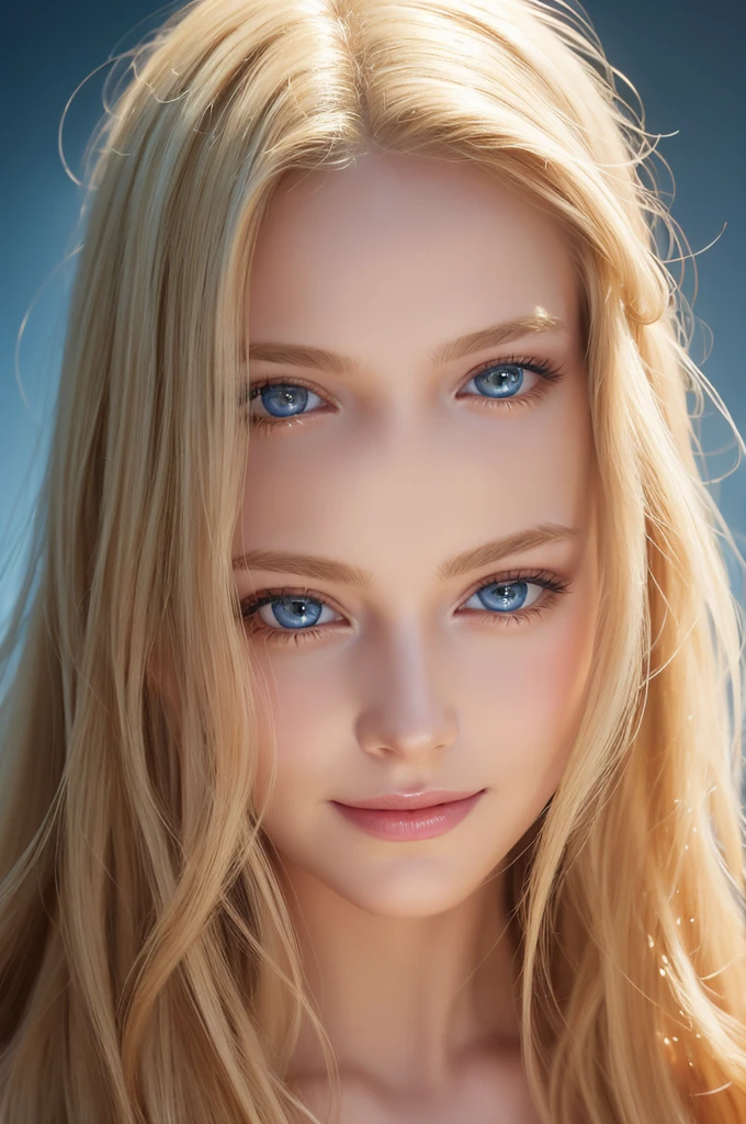 Soft portrait of a beautiful blonde woman, flowing golden hair, Captivating blue eyes, Delicate features, A radiant smile, Natural Makeup, Elegant attire, Gentle expression, A faint blush, Warm skin tones, Fantastic lighting, Soft Shadows, High resolution digital painting, Realistic Style, Artistic interpretation, By a skilled portrait painter.