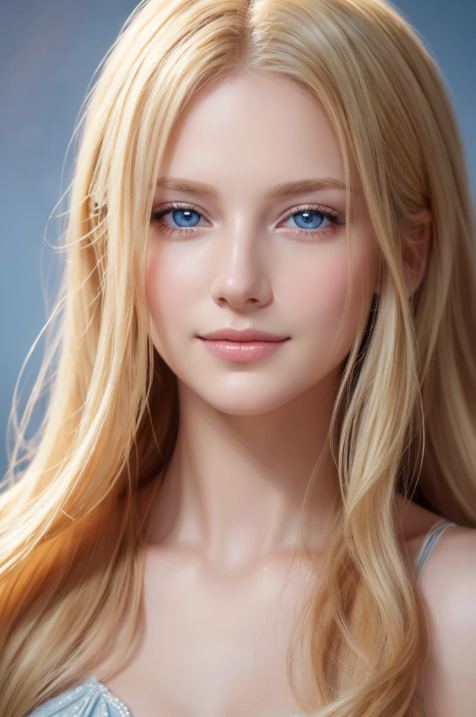 Soft portrait of a beautiful blonde woman, flowing golden hair, Captivating blue eyes, Delicate features, A radiant smile, Natural Makeup, Elegant attire, Gentle expression, A faint blush, Warm skin tones, Fantastic lighting, Soft Shadows, High resolution digital painting, Realistic Style, Artistic interpretation, By a skilled portrait painter.