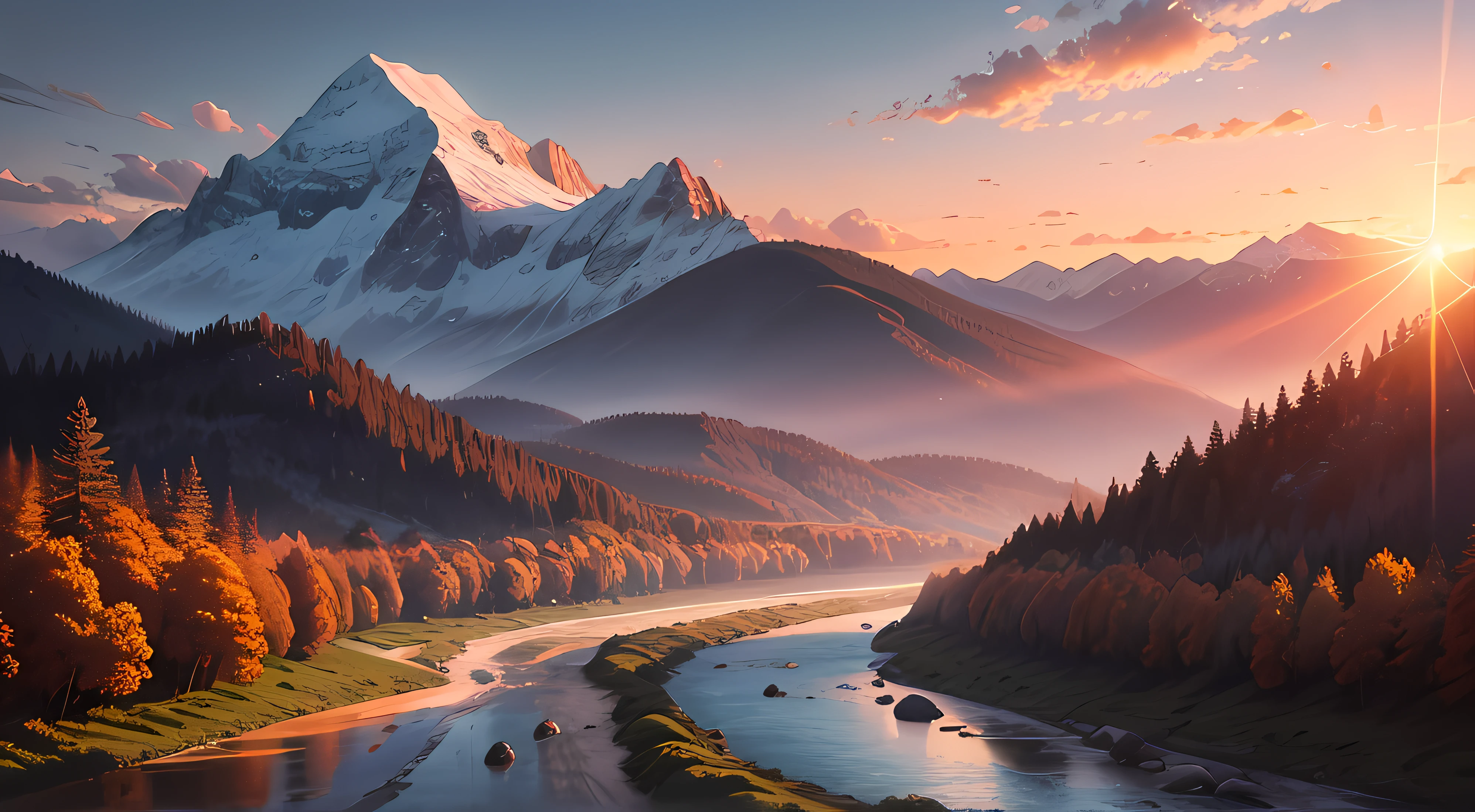 Bright sunrise over the mountains, A river in the mountains